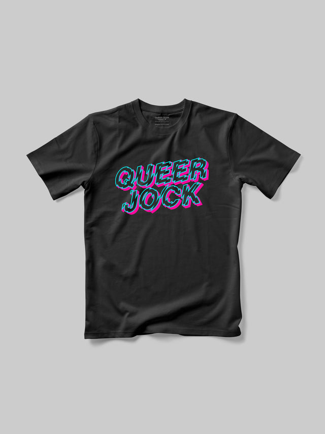 Queer Club brand black t-shirt with 'QUEER JOCK' text in pink and blue neon colours